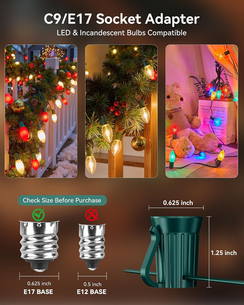 Commercial 500 FT C9/E17 Christmas Light Sockets Set Spool, UL Listed C9 Sockets Patio String Lights C9 Strands - 12"