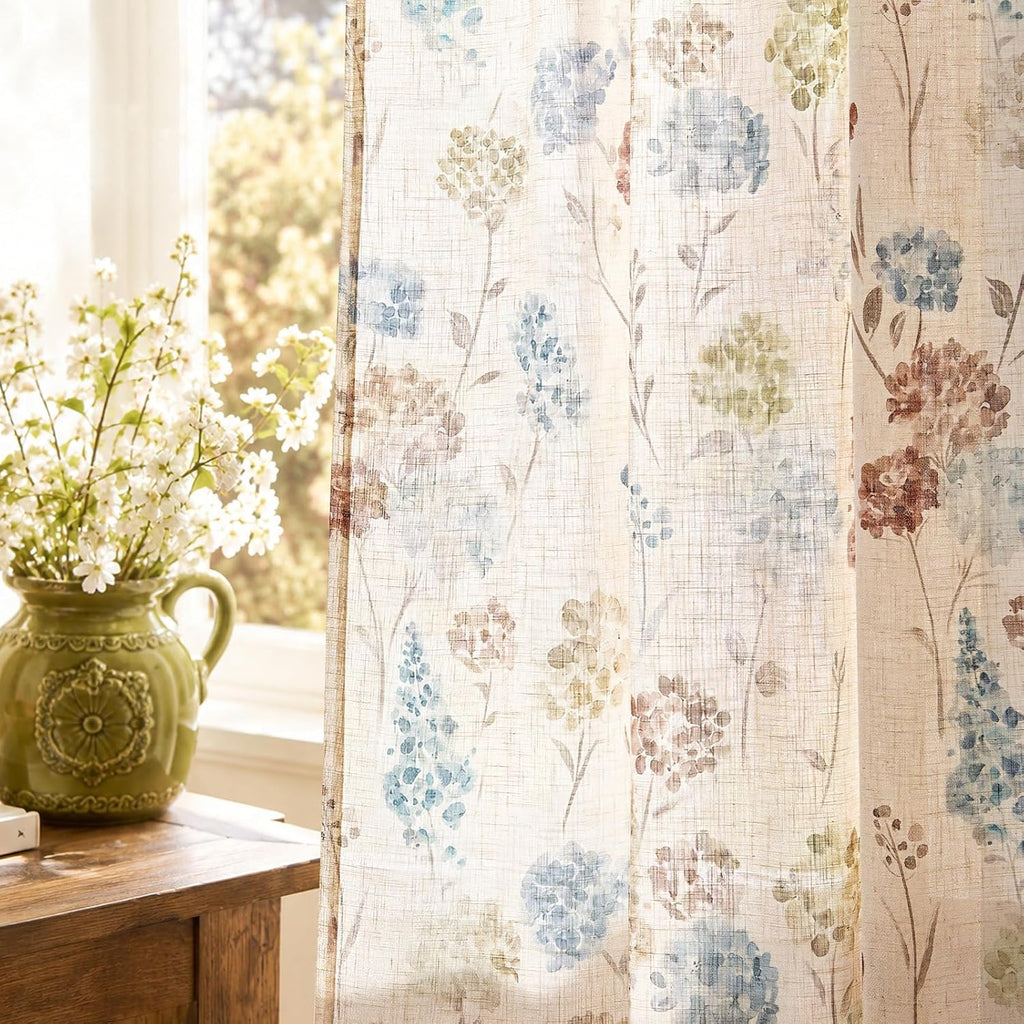 Vanya Floral Linen Blend Curtains 84 Inches Long for Living Room Bedroom, Light Filtering Semi Sheer Drapes, Vintage