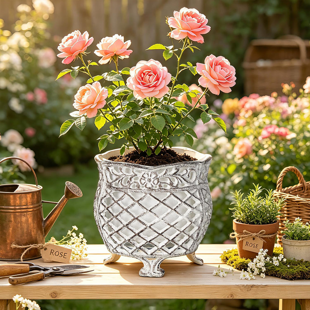 Vintage Cast Iron Urn Planter with Non-Woven Bag, Vintage White
