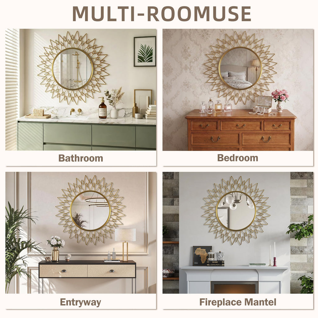 Sunburst Round Mirror for Wall Modern Gold Frame Glam Home Decor 36"