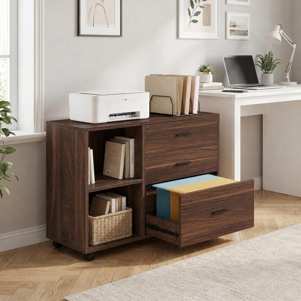 39" Wooden Filing Cabinet with Open Storage Shelf and 3 Drawers | Rolling File Cabinet with Adjustable Hanging Rail