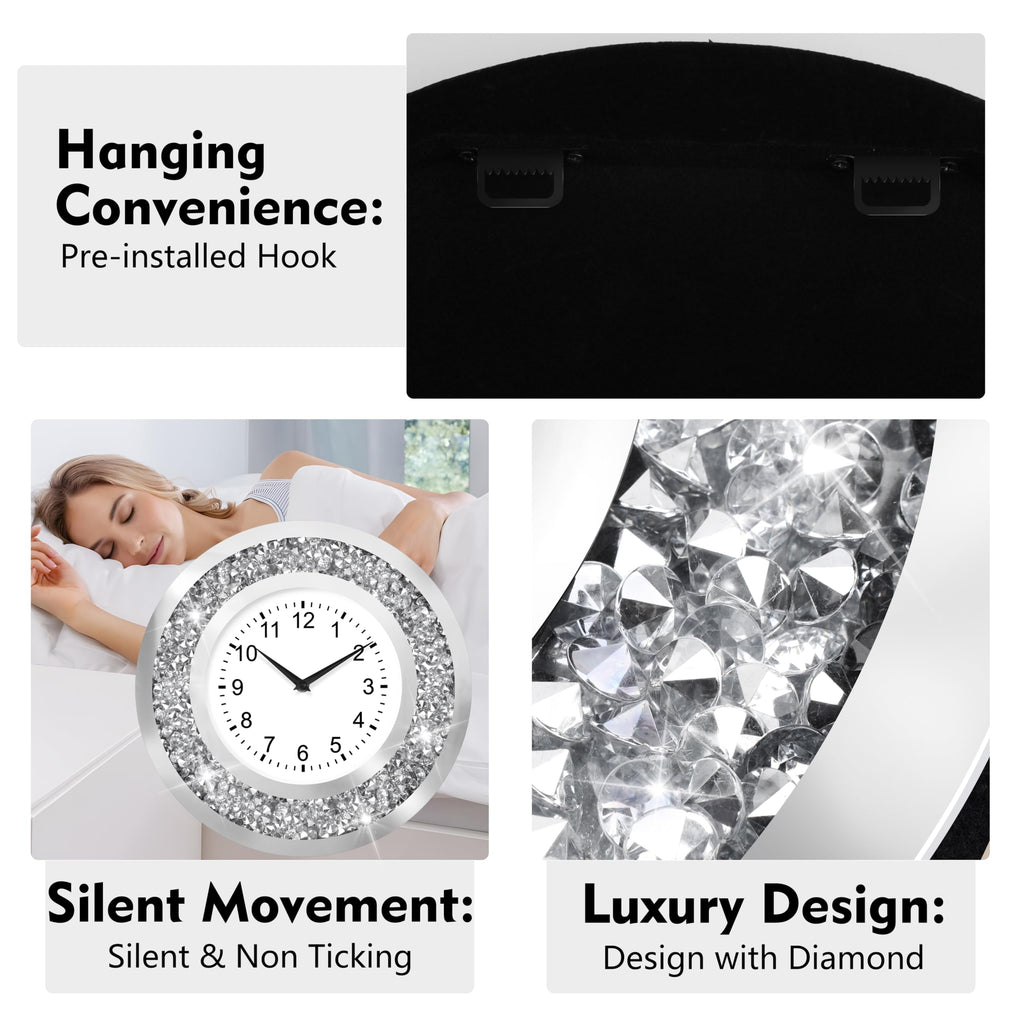Crystal Crushed Diamond Mirrored Wall Clock Silent Clock for Wall Décor