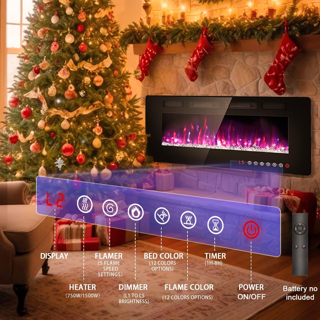 50" Electric Fireplace Recessed Wall Mounted, Ultra Thin Linear Fireplace Inserts, 12 Flame Colors, Timer, Remote &