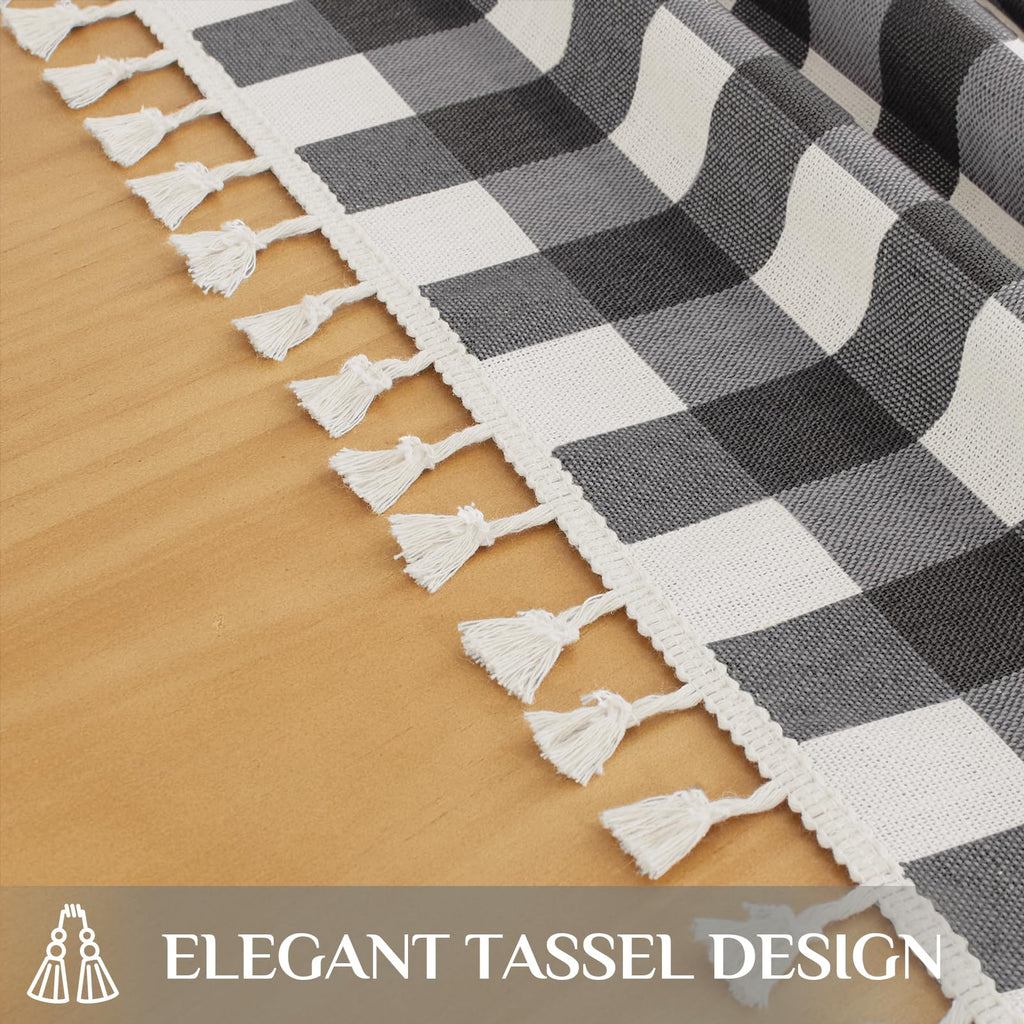Gingham Rectangle Tablecloth with Tassel, Black, 55" x 120"