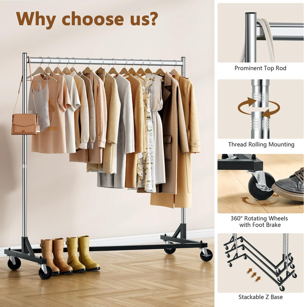 Z Rack, Rolling Clothes Racks with Z-Base, Heavy Duty Garment Rack, Clothing Racks for Hanging Clothes, Sturdy