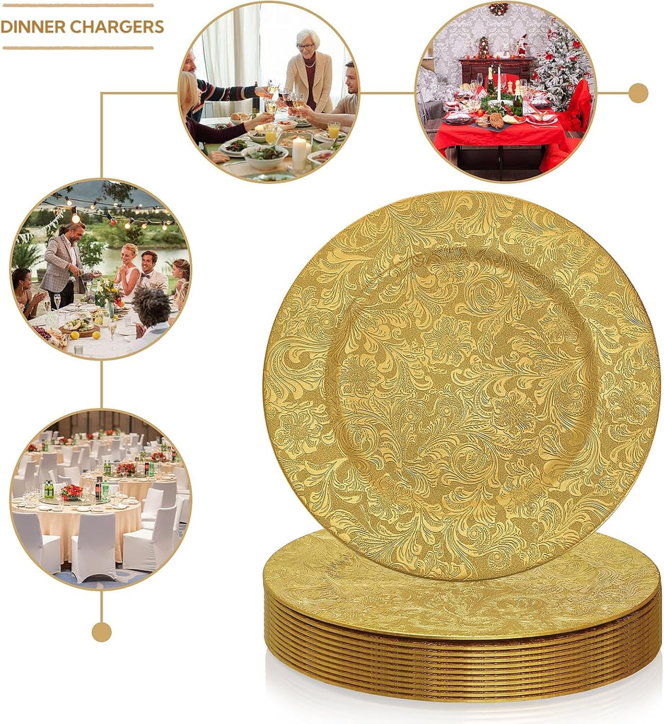 Gold Charger Plates, 13" Plastic Round Antique Plate Chargers for Dinner Plates, Floral Charger Plates - Set of 12