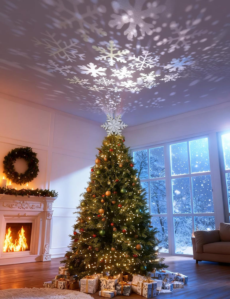 Christmas Tree Topper with Rotating Snowflake Projector, Silver