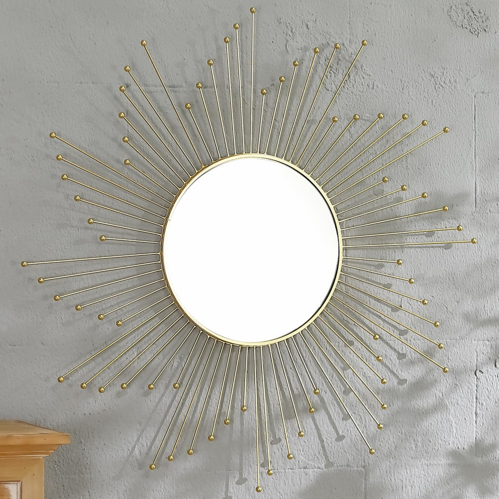 Large Gold Sunburst Mirror - 31" Starburst Wall Mirror with 12" Round Glass, Mid-Century Modern Elegant Gold Sun