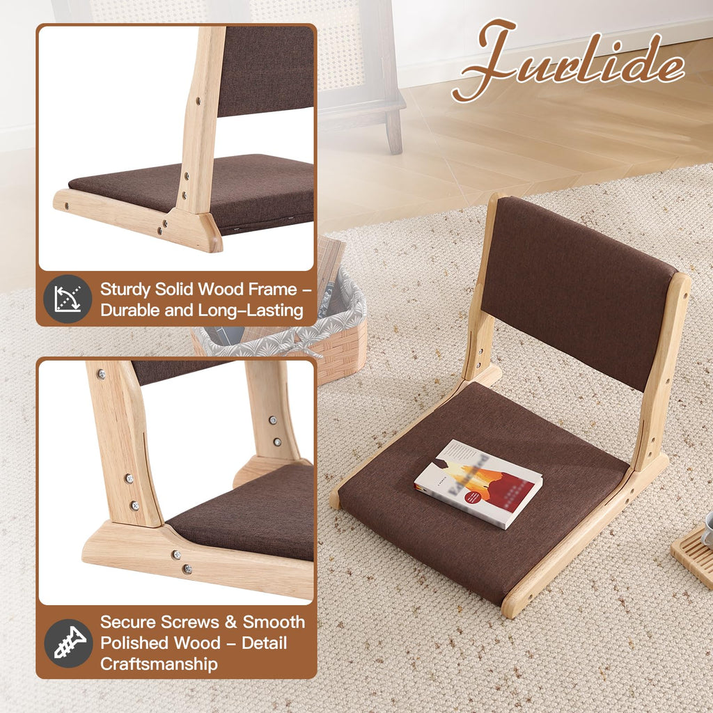 Foldable Floor Chair with Back Support, Wood Brown, No Assembly