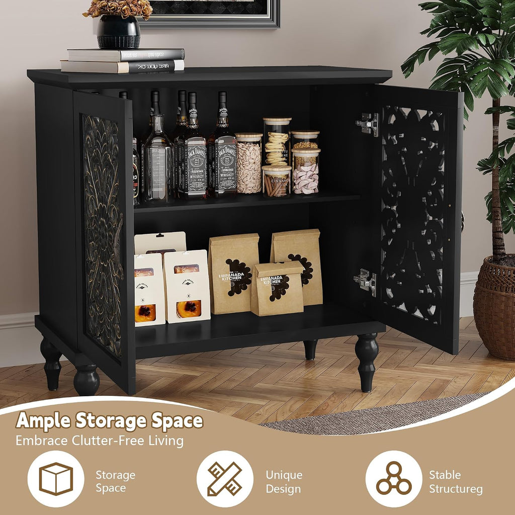 Vintage Accent Cabinet with 2 Doors, Credenza | Hand Painted Carved Door Sideboard & Buffet Cabinet, Wood Storage