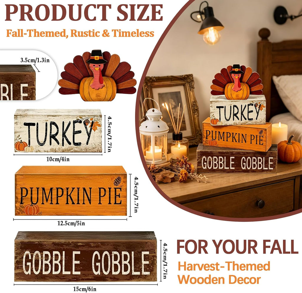 Turkey Fall Thanksgiving Decor, Fall Decorations - Set of 4