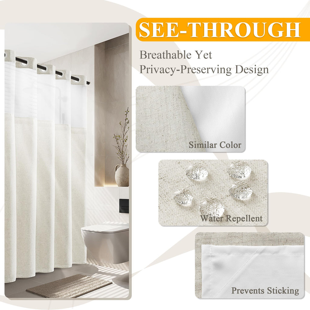 No Hooks Ivory Linen Fabric Shower Curtains 84 Inches