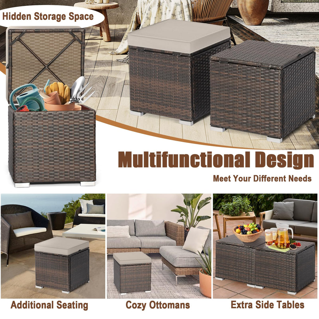 Wicker Outdoor Storage Ottoman, 2-Piece Rattan Footstool w/Removable Cushion, Multipurpose Footrest Stool Side Table