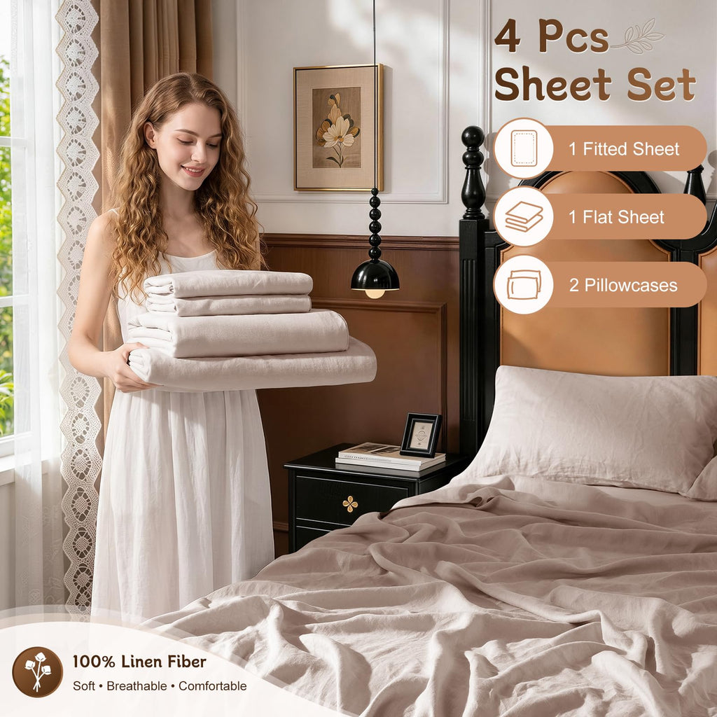 100% French Pure Linen Sheet Set, 19" Deep Pocket 4Pcs