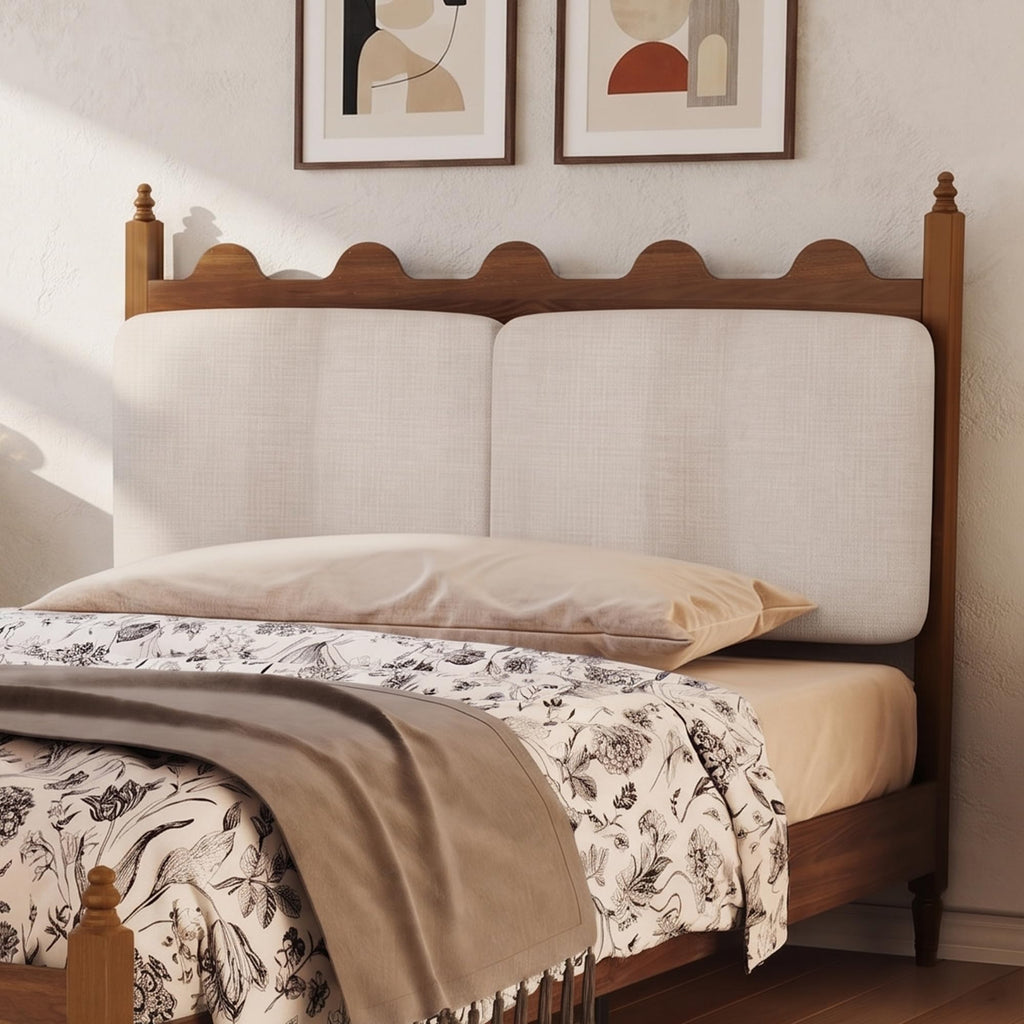 Vintage Platform Bed, Queen Bed Frame with Wave Upholstered Headboard