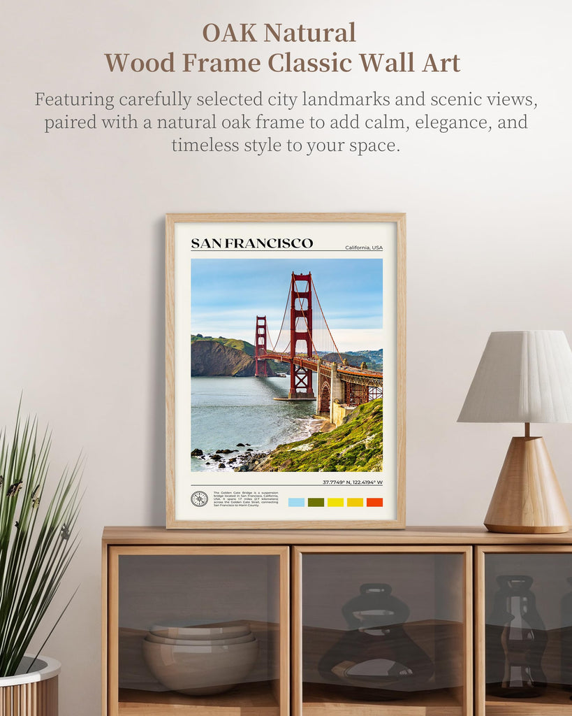 Natural OAK Wood Golden Gate Bridge Framed Wall Art, 12x16in San Francisco City Skyline Canvas Wall Print, Modern Urban