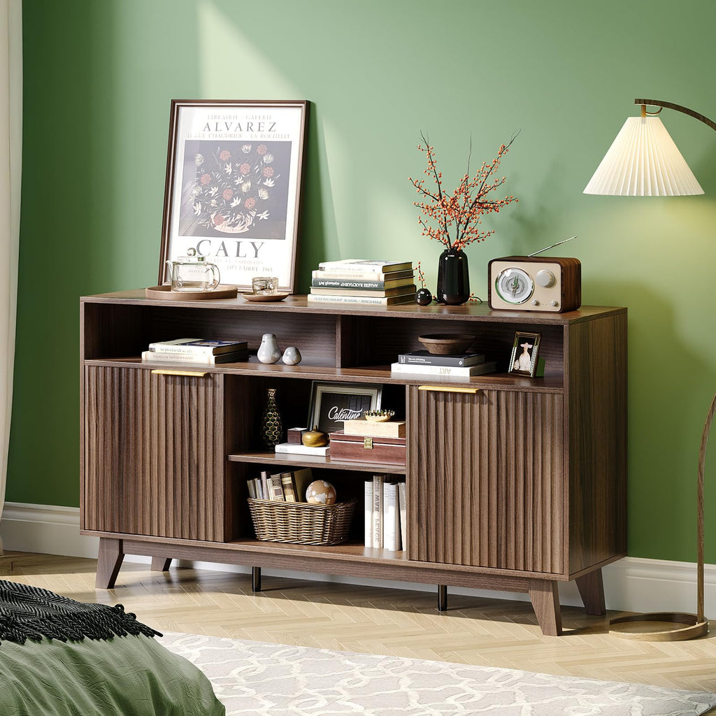 58" Fluted TV Stand with 4 Shelves and 2 Cabinets, Rustic Brown