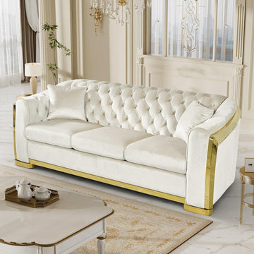 84" Luxury Oversized Velvet Chesterfield Sofa, White and Gold Couch