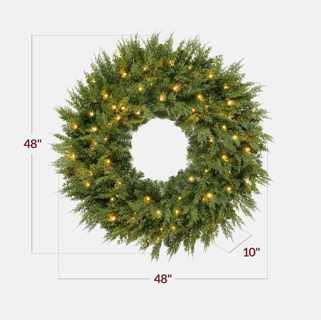Pre-Lit Cedar Cypress Christmas Wreath w/Twinkling LEDs, 48in Realistic Large Indoor/Outdoor Holiday Decor for Door
