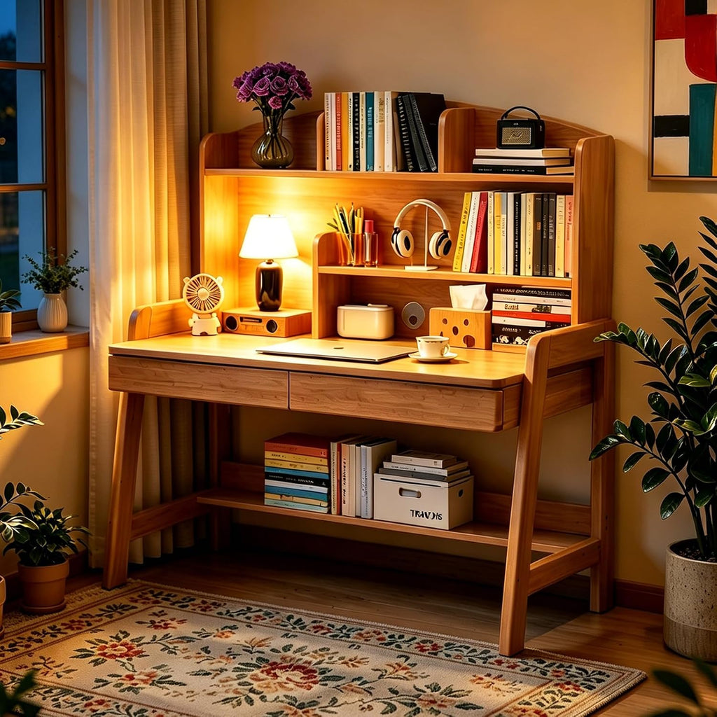 Wooden Childrens Study Desk, Kids Desk with Bookshelf&Two Drawers, 3 Heights Adjustable Children Writing Table