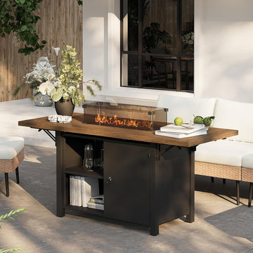 55" Propane Fire Pit Table,50000btu Gas Fire Pit Table with Brown Windshield & Lava Rock,2 in 1 Foldable Expansion