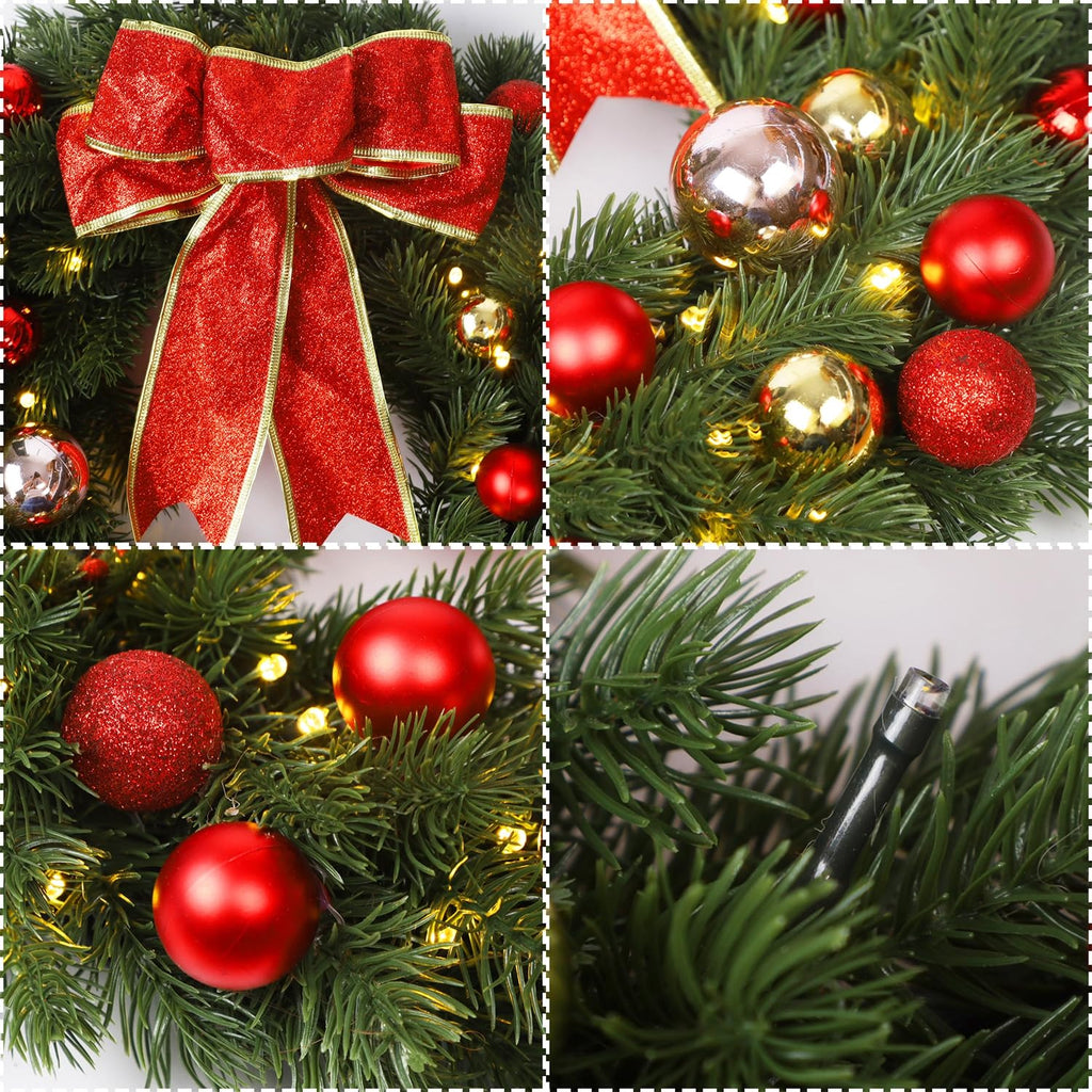 16 Inch Pre-Lit Christmas Wreath with Metal Hanger, Large Red Bow and Colored Balls, Battery Operated with Warm White