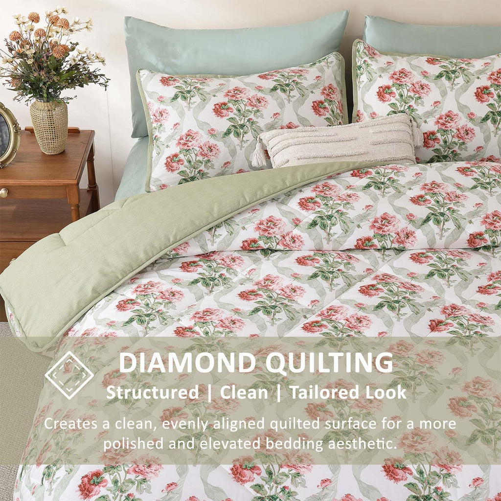 French Country Floral Cotton Queen Comforter Set 3 Piece - Blush Peony Botanical with Sage Leaves & Ribbon on White