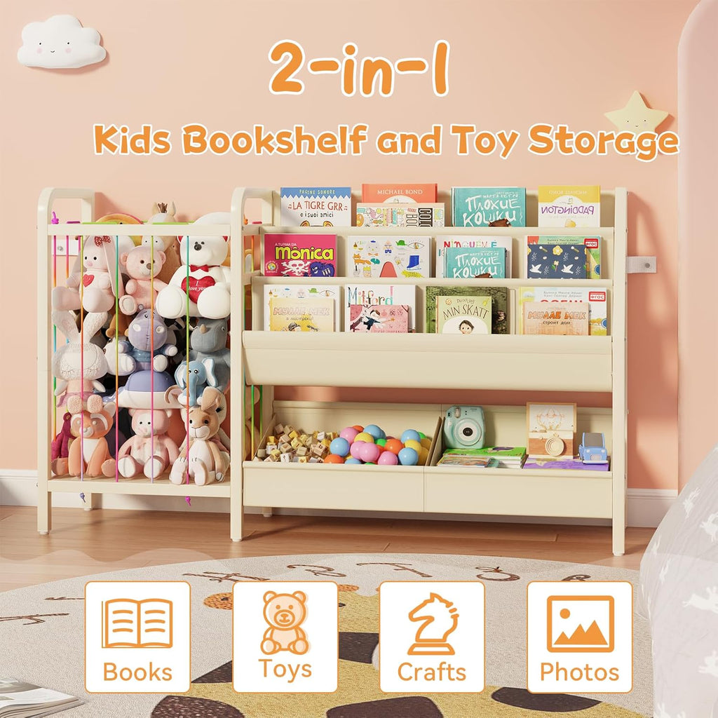B5 Kids Bookshelf and Toy Storage, Book Shelf for Kids Rooms White | Sling Toddler Book Shelves with Stuffed Animal