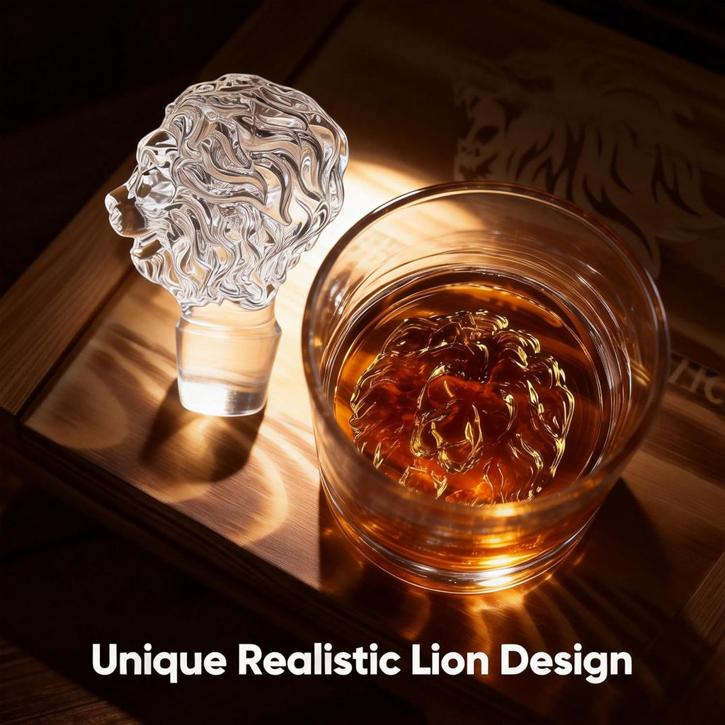 Lion Head 14-Piece Crystal Whiskey Decanter Set - 750ml Lead-Free Hand-Blown, 2 Glasses, 6 Stainless Stones, Coasters - Set of 14