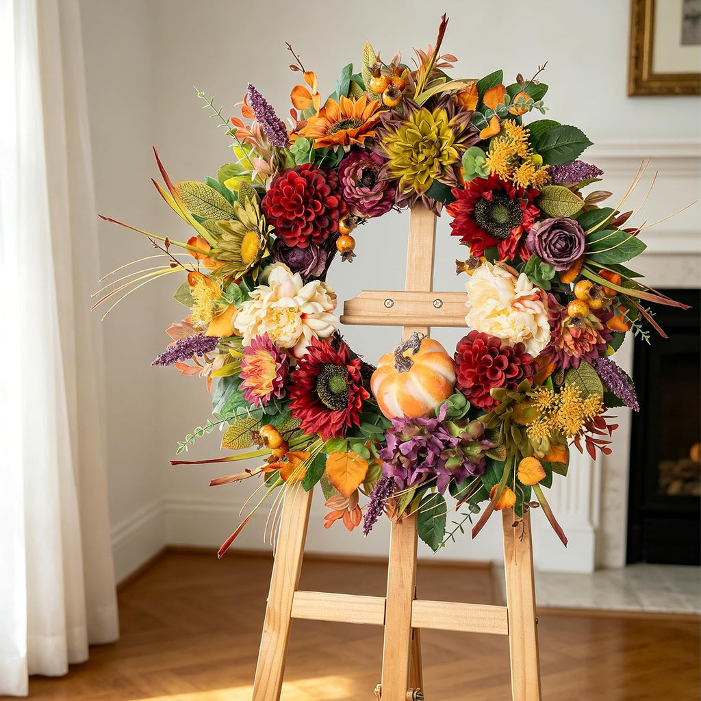 24 Inch Fall Wreaths for Front Door, Autumn Farmhouse Harvest Wreath