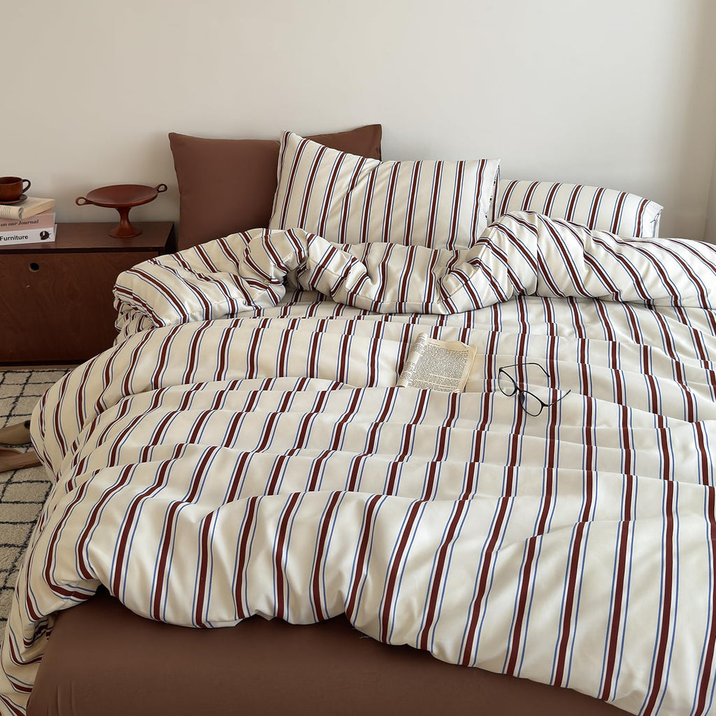 Retro Striped Duvet Cover - 3-Piece Vintage Red Brown & Blue Stripes Printed Duvet Cover Set, Soft Washed
