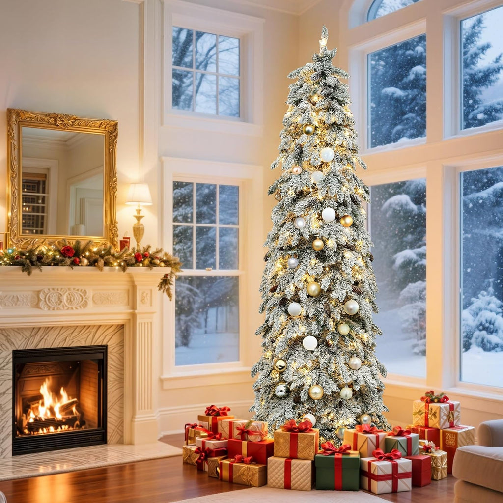 7.5ft Prelit Flocked Drooping Pencil Spruce Xmas Tree w/Pine Cones