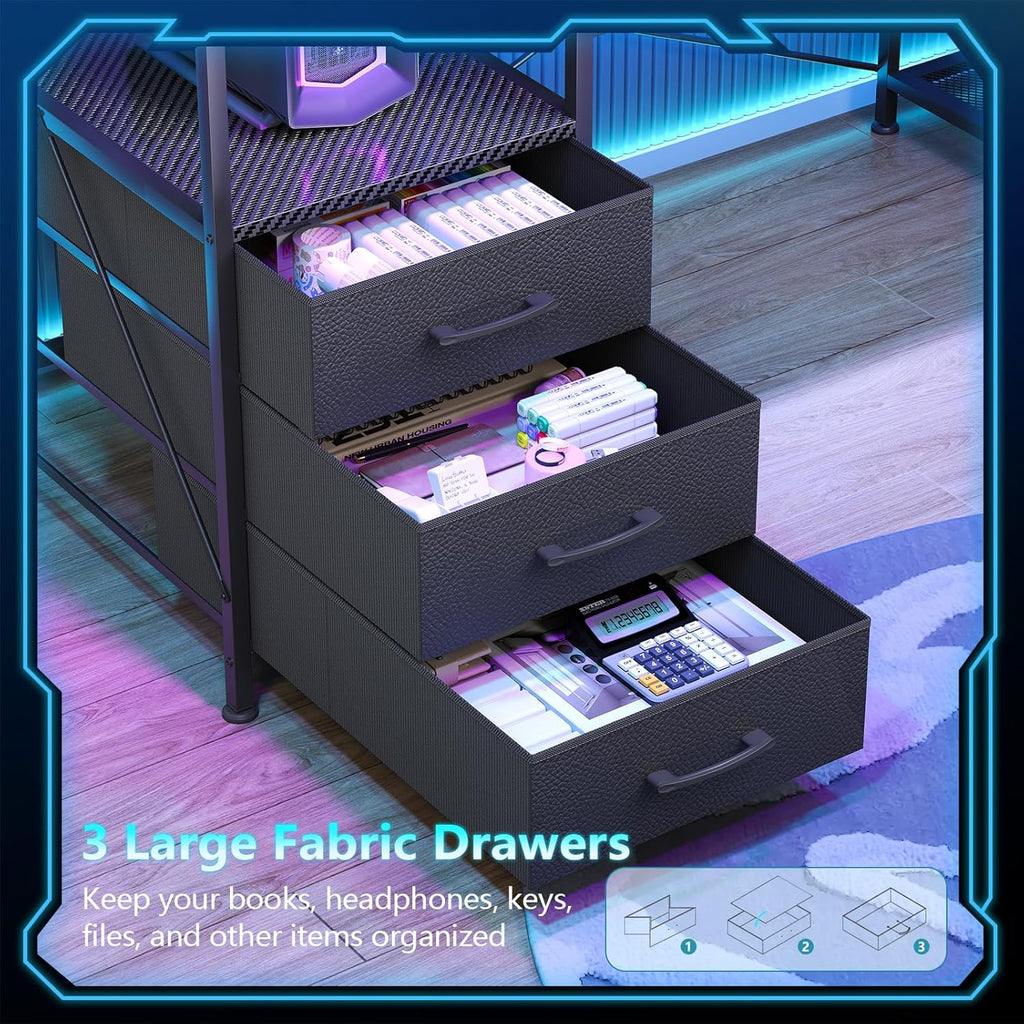 L Shaped Gaming Desk with Drawers & Storage Shelves for Game, Home Office | Corner Gaming Desk with Power Outlets &