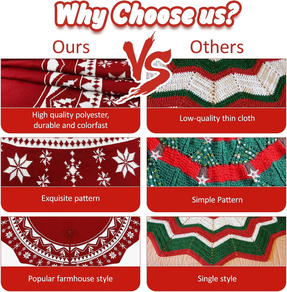 Christmas Tree Skirt 60 Inch, Knit Red Tree Skirt with Poinsettia Pattern, Rustic Double-Sided Large Knitted Xmas