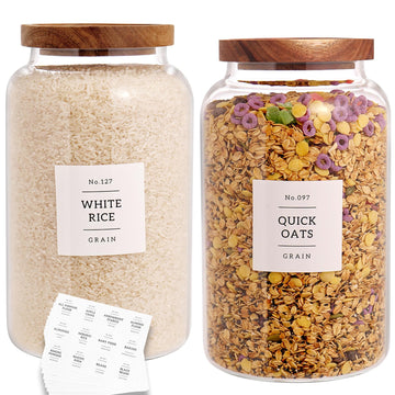Set of 2 Large Glass Jar with Airtight Acacia Lid and 132 Kitchen Pantry Labels, Clear Glass Food Storage Jars