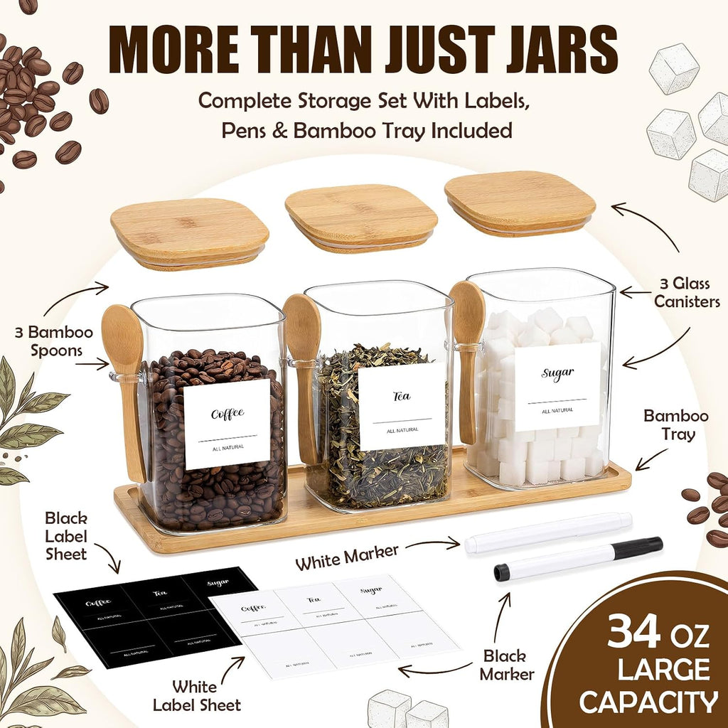 Glass Coffee Container with Wooden Lid and Spoon, Clear Airtight Square Canister Set with Wooden Tray Sticker - Set of 3