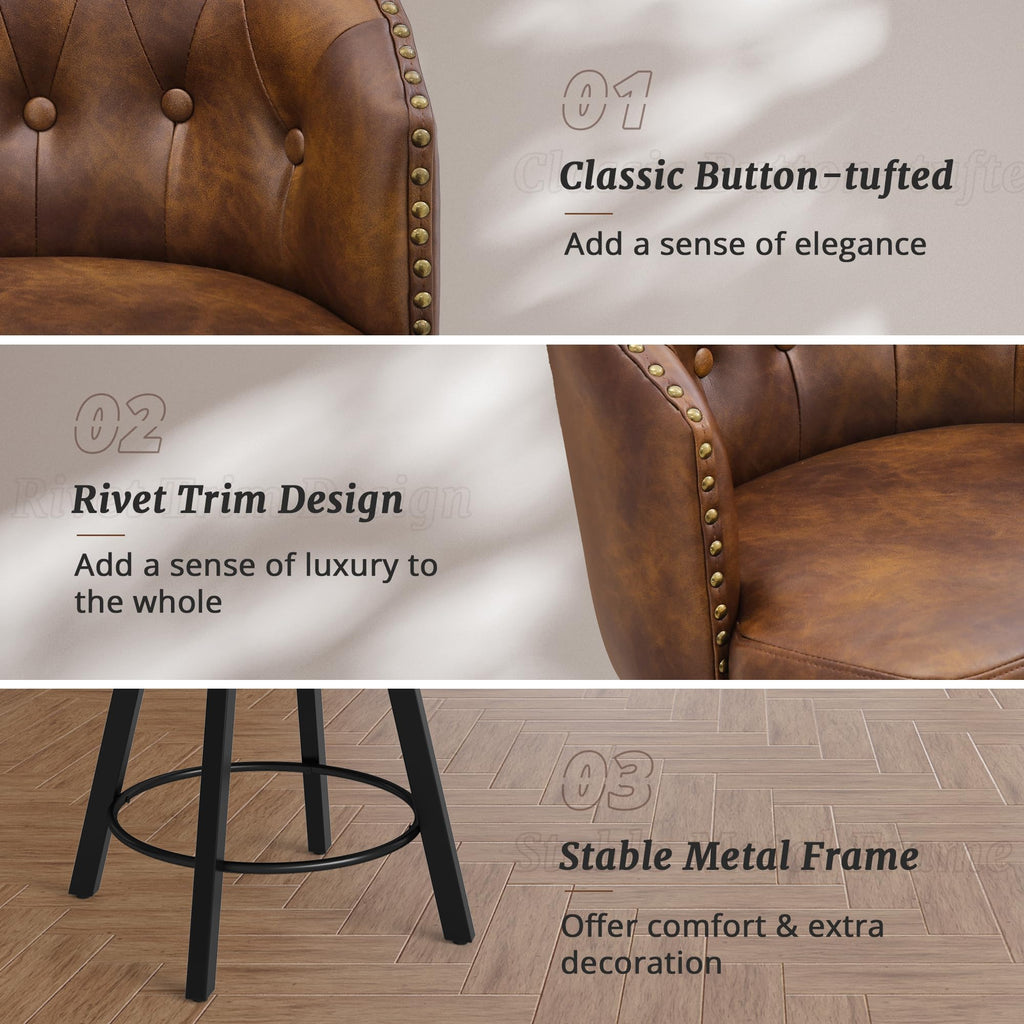 Counter Height Bar Stools, 26" Swivel Faux Leather Upholstered Bar Stool with Backs and Metal Legs, Retro Counter