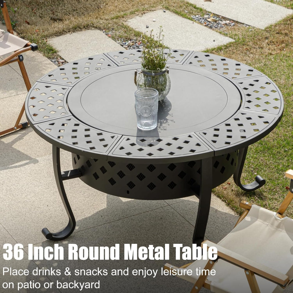 36 Inch Fire Pit with 2 BBQ Grills, Wood Burning Fire Pits for Outside with Lid & Fire Poker