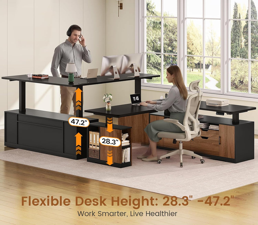 Modern L Shaped Executive Electric Standing Desk with 4 Drawers | 69" x 55" Height Adjustable Office Desk with