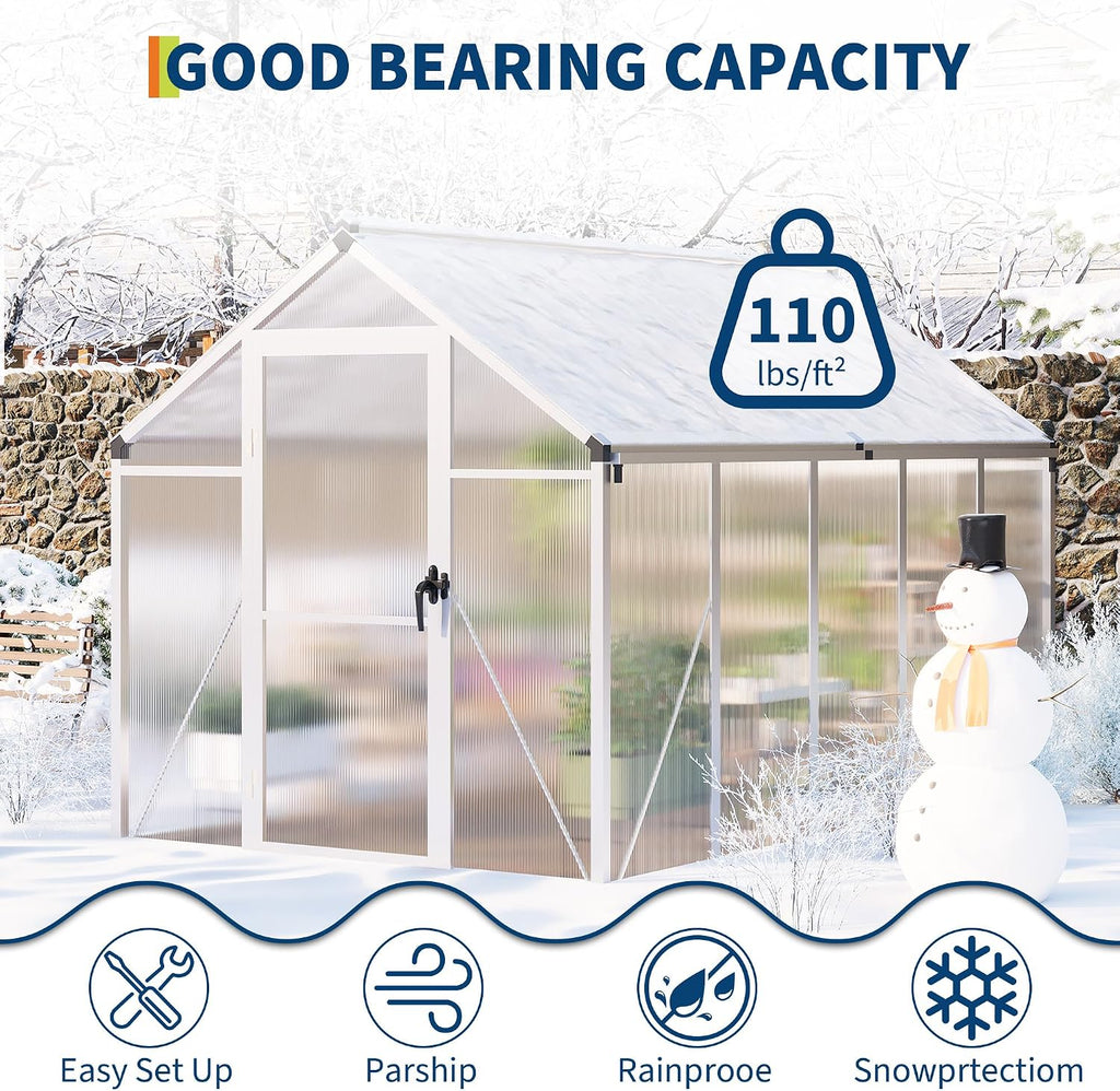6X10 FT Greenhouse for Outdoors, Large Walk-in Polycarbonate Greenhouse Kit, Aluminum Frame, Lockable Door, Roof