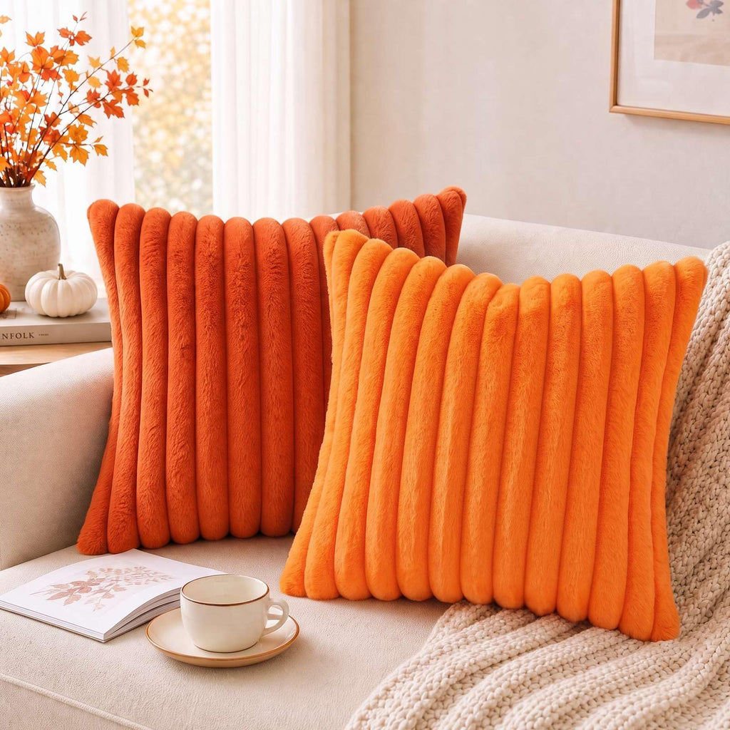 Faux Fur Fall Throw Pillow Covers 22x22 Set of 2, Burnt Orange