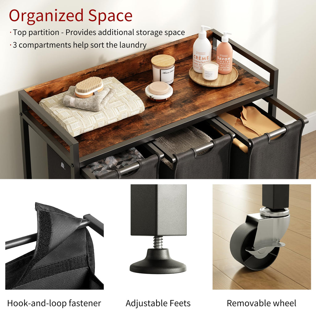Laundry Hamper with Shelf, Laundry Basket 3 Section, Laundry Sorter with Pull-Out Removable Large Bags and Movable