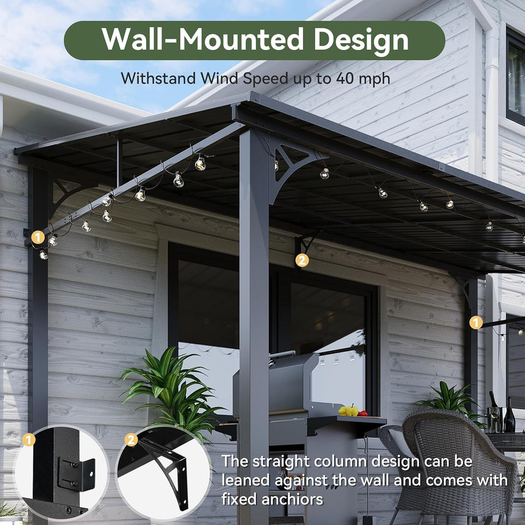 10' x 12' Hardtop Lean-to Gazebo, Wall-Mounted Pergola with Sloping Galvanized Steel Roof – Black