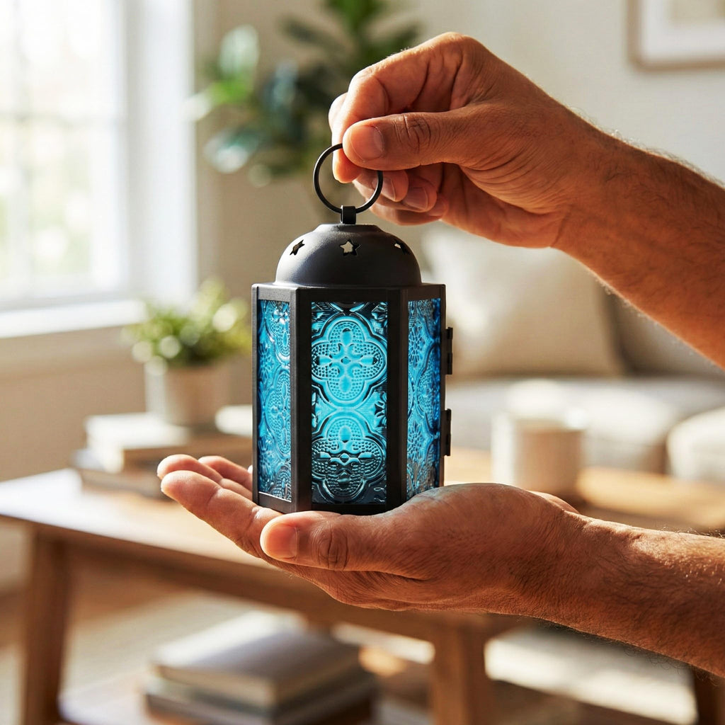 Mini Moroccan Tea Light Candle Holder Lanterns - 4.25" Small Decorative Lantern for Table or Hanging, Metal with