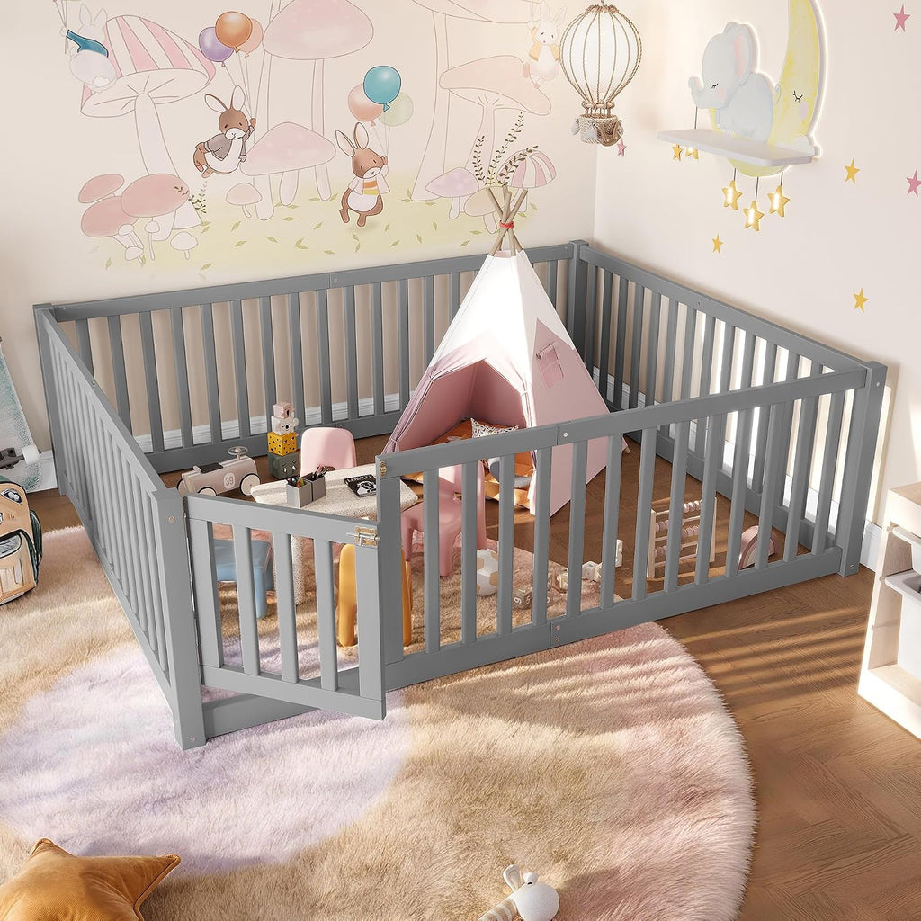 Full Size Kids Montessori Floor Bed with Door,Solid Wood Floor Bed Frame with High Fence for Girls,Boys,Gray
