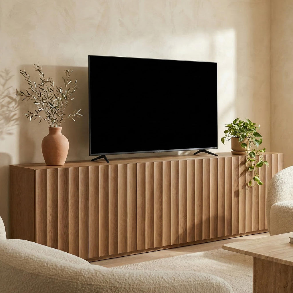 93.92" TV Stand, Modular Fluted Mid Century Modern, Amber Oak