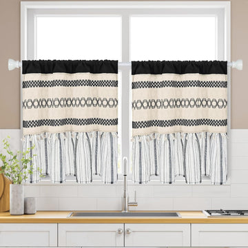 Farmhouse Linen Valance for Windows Boho Crochet Short Curtain with Tassel Country Black Valance Light Filtering Rod