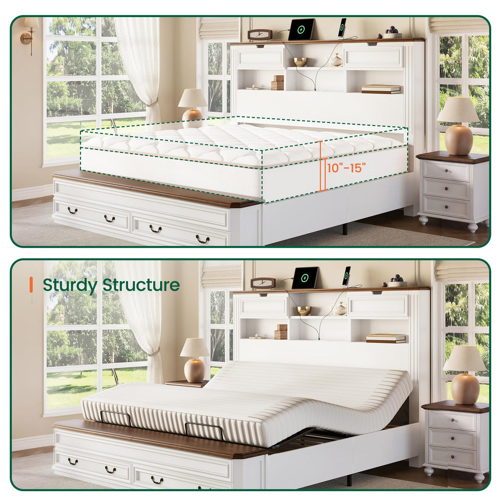 Farmhouse Bed with Headboard & Footboard Storage, White/Walnut