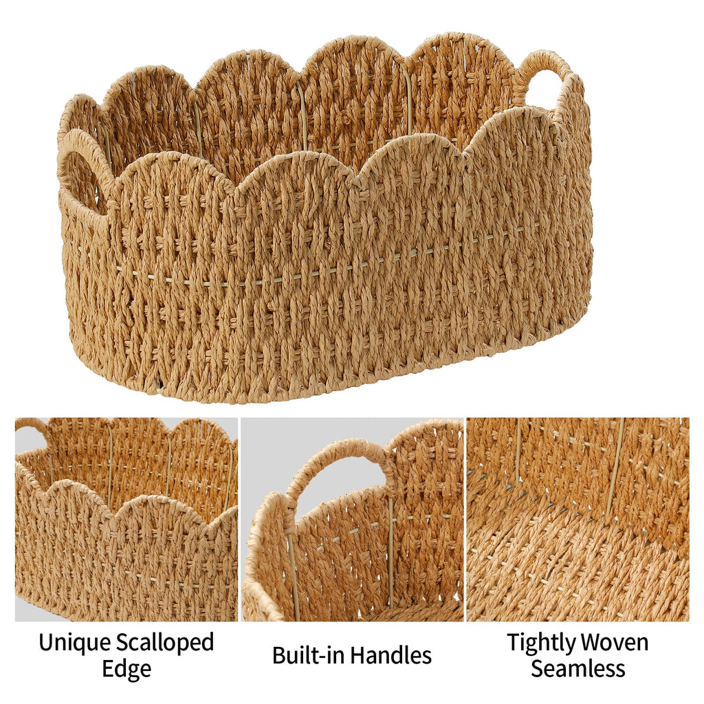 Paper Rope Scalloped Basket Set of 2, Wicker Storage Baskets for Shelves, Gifts, Books, Toys, Cute Decor Rattan Baskets