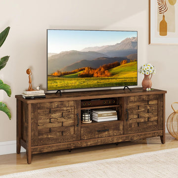 Farmhouse TV Stand for 65 Inch TVs, 59" Wood Entertainment Center with 2 Woven Accent Doors, Storage Drawer & 3